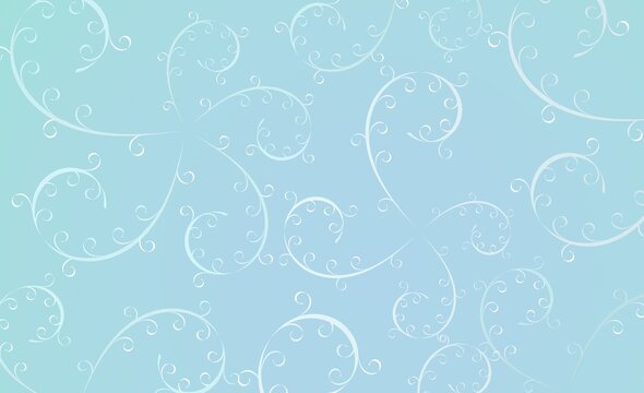 3d rendering. Not a bright blue background with delicate white patterns. Abstract flowers or snow patterns on glass. Ornament with round swirls and twigs.