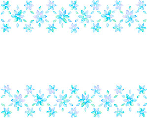 青いクリスタルの花が並ぶフレーム。水彩で描いたイラスト。