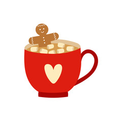 Red cup of hot chocolate with gingerbread cookie and marshmallow. Template for cozy winter design.