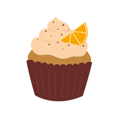 Cupcake with whipped cream and orange slice. Hand drawn muffin in cartoon flat style