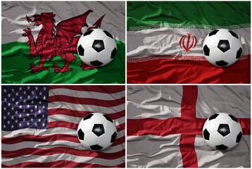 group B. realistic football balls with national flags of england, iran, usa, wales, ,soccer teams.