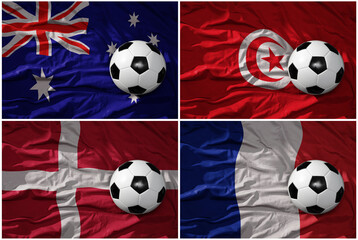 group D. realistic football balls with national flags of france, australia , denmark, tunisia,...