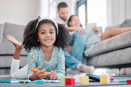 Family, learning and girl in living room drawing for kindergarten school homework or project. Portrait, art and education of creative kid coloring on paper with parents on the sofa in lounge of house