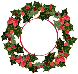 Christmas door decoration, holly wreath with berries and bows, doodle style isolated on white background