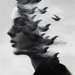 young woman silhouette, double exposure with birds