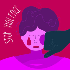 STOP gender violenc. Vector illustration with man hits the fist and women have bruise on face. Female body is freedom. Gender based violence, NO GBV.