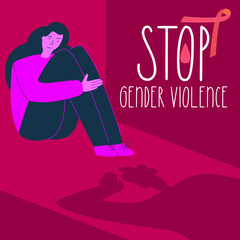 STOP gender violence vector illustration. Woman afraids of a shadow man. Gender based violence, NO GBV, female body is freedom.