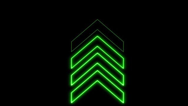 Animation of glowing up green neon arrows. Looped Neon Lines abstract VJ background. Futuristic laser background. Seamless loop. Arrows flashing on and off in sequence. Matrix beam fashion show