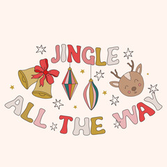 Retro Groovy Hippie Christmas hand drawn greeting card clipart composition, modern 60s 70s retro card, poster, banner design