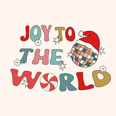 Retro Groovy Hippie Christmas hand drawn greeting card clipart composition, modern 60s 70s retro card, poster, banner design