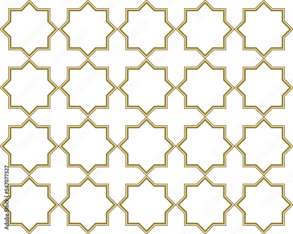 Wall mural Simple six point star Islamic style repeat geometric pattern in gold and white color outline, PNG transparent background