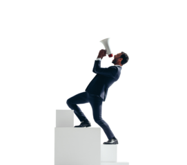 Successful businessman celebrating his victory with a megaphone on a transparent background