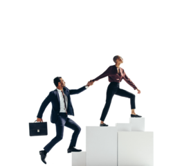 Businesswoman leading her partner to the top of the corporate ladder on a transparent background