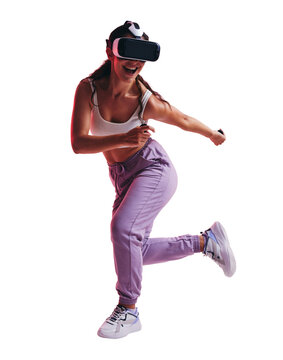 Happy young woman having fun with a vr headset against a transparent background