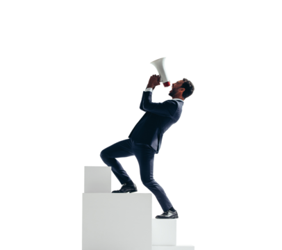 Successful businessman celebrating his victory with a megaphone on a transparent background - Powered by Adobe