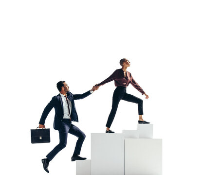 Businesswoman Leading Her Partner To The Top Of The Corporate Ladder On A Transparent Background