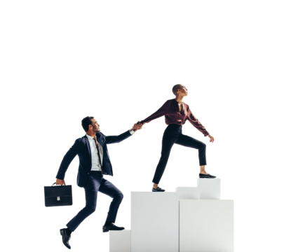Businesswoman leading her partner to the top of the corporate ladder on a transparent background - Powered by Adobe