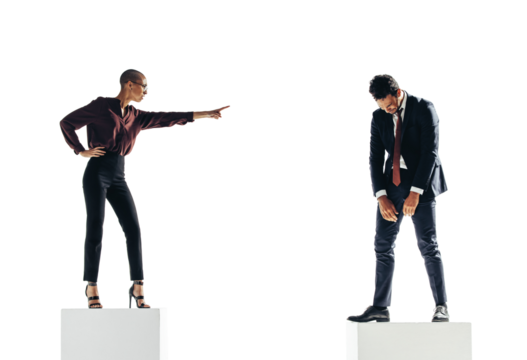 Angry businesswoman giving a warning to a businessman on a transparent background