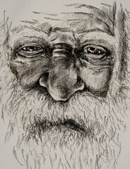 The old man face is drawn in pencil. Abstract drawing of the face of a worried grandfather. Conceptual abstract close up hand drawing of liner.