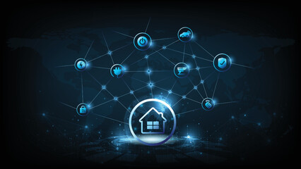 Smart home system concept. Phone controls works, safety of smart devices in house. Smartphone app of monitoring, setting of algorithm autonomous works of household appliances. Internet of things. IOT.