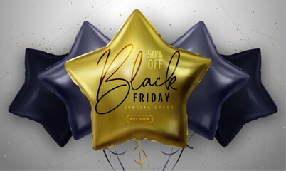 Black friday big sale typography poster with  black and gold star shaped balloons. Vector illustration