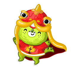 Chinese green dragon wearing dragon head in Chinese New Year 2024. Cute Character spend Happy holiday on carnaval
