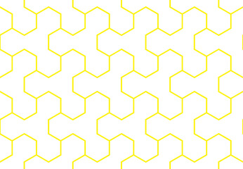 Contemporary connected hexagon shapes in a repeating geometric honeycomb pattern of bright yellow outlines, PNG transparent background