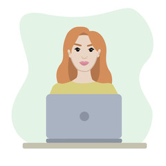 Woman with laptop. Home office concept. Illustration for cards, posters, flyers, webs.