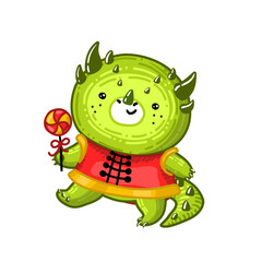 Cute Chinese green dragon with candy celebrates Chinese Happy New Year 2024. it is a symbol of New year on traditional Carnaval