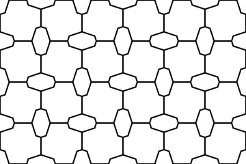 Simple repeating elongated hexagons alternating in a regular square shapes grid pattern in black outline, PNG transparent background