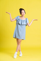 portrait of Asian woman in skirt posing on yellow background