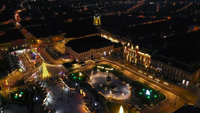 Oradea, Romania. Aerial drone flight over Christmas Market, Europe.