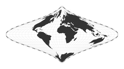 Vector world map. Foucaut's stereographic equivalent projection. Plan world geographical map with latitude/longitude lines. Centered to 0deg longitude. Vector illustration.