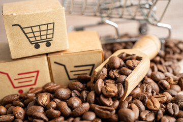 Box with shopping cart logo symbol on coffee beans, Import Export Shopping online or eCommerce delivery service store product shipping, trade, supplier concept.