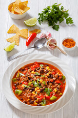 taco soup of ground beef, corn, beans and veggies