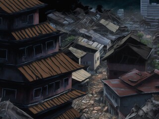Obraz premium 地震で崩壊した建物、アクリル絵