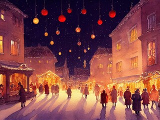 クリスマスで賑わう街並み、水彩
