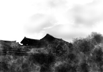 Korean traditional background An illustration of hand-painted paintings using ink painting techniques based on hanok.