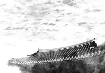 Korean traditional background An illustration of hand-painted paintings using ink painting techniques based on hanok.