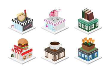 3d illustration of cosmetic shop, books store, fashion store, fast food restaurant, coffee shop and flower shop.