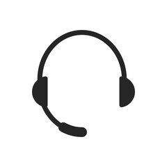 Black headphones with microphone icon. Support service communication and music listening device with modern vector design