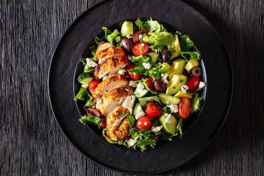 Mediterranean Grilled Chicken Salad In Black Bowl