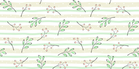 Twigs, branches with leaves and berries on a soft striped background. Plant endless texture. Vector seamless pattern for wrapping paper, packaging, wrapper, cover, surface texture, printing on clothes