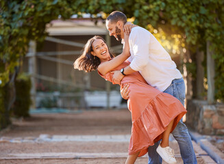 Happy couple, dance and love in park, garden and sunshine for bonding, quality time and romantic...