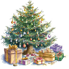 Decorated Christmas Tree with Presents, Watercolor Illustration isolated on white Background