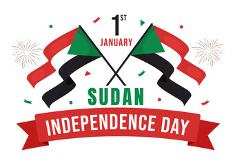 Sudan Independence Day on on January 1st with Flags and Sudanese National Holiday in Flat Cartoon Background Hand Drawn Templates Illustration