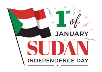 Sudan Independence Day on on January 1st with Flags and Sudanese National Holiday in Flat Cartoon Background Hand Drawn Templates Illustration