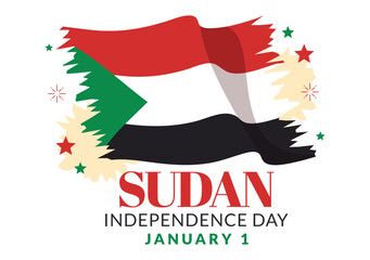 Sudan Independence Day on on January 1st with Flags and Sudanese National Holiday in Flat Cartoon Background Hand Drawn Templates Illustration