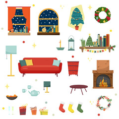 Set of colorful holiday interior design in house rooms with furniture icons.