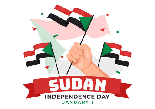 Sudan Independence Day on on January 1st with Flags and Sudanese National Holiday in Flat Cartoon Background Hand Drawn Templates Illustration